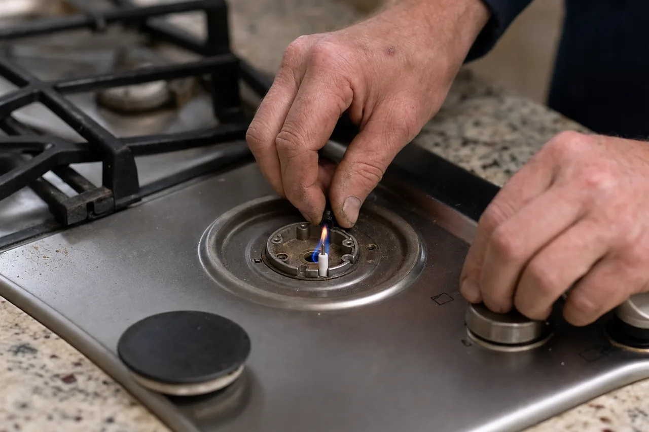 Technician adjusting a gas cooktop burner in a Bedford kitchen
