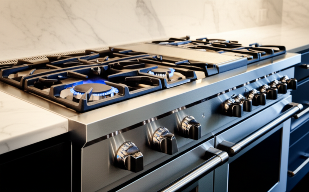 Professional gas cooktop with multiple burners