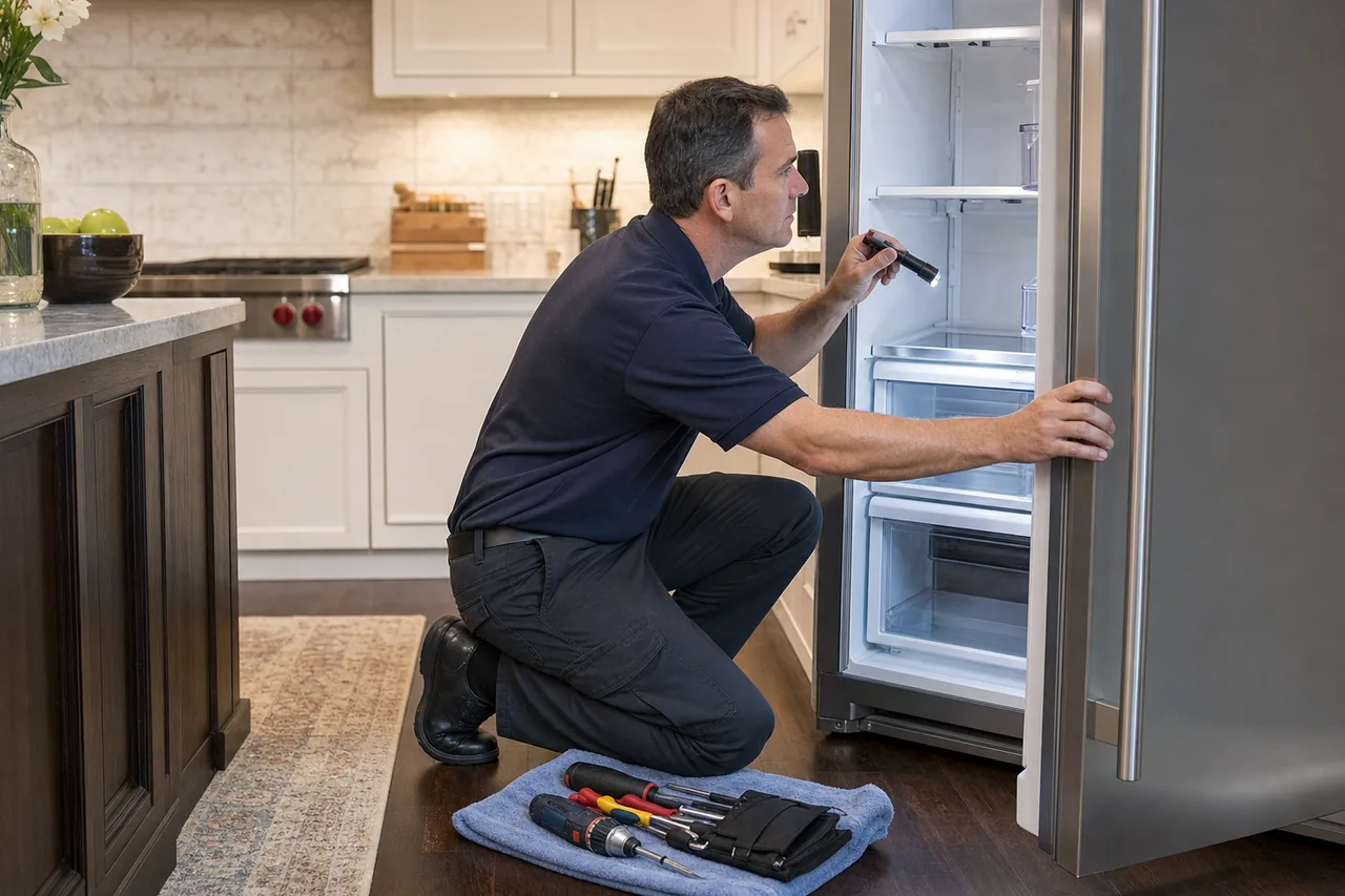 Technician repairing a built-in refrigerator
