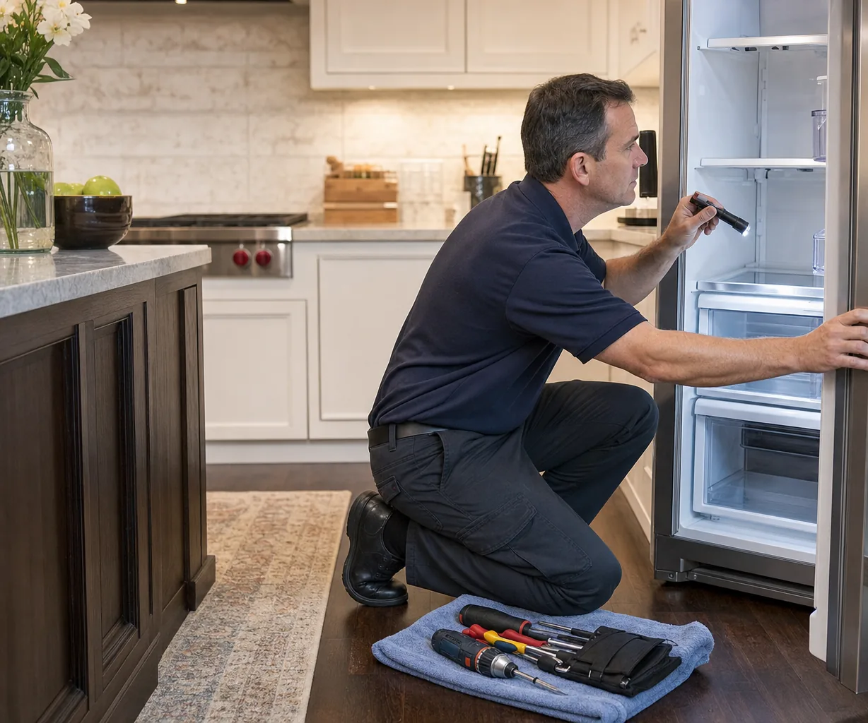 Technician repairing a built-in refrigerator up close