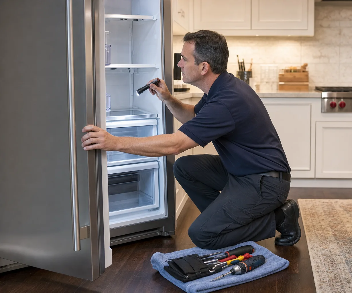 Technician repairing a built-in refrigerator up close