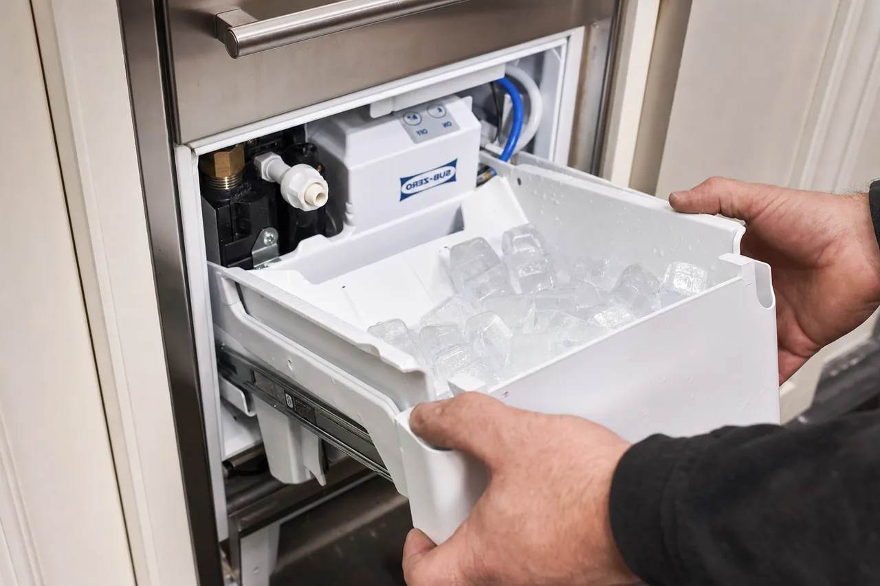 Technician servicing a built-in ice maker mid-repair