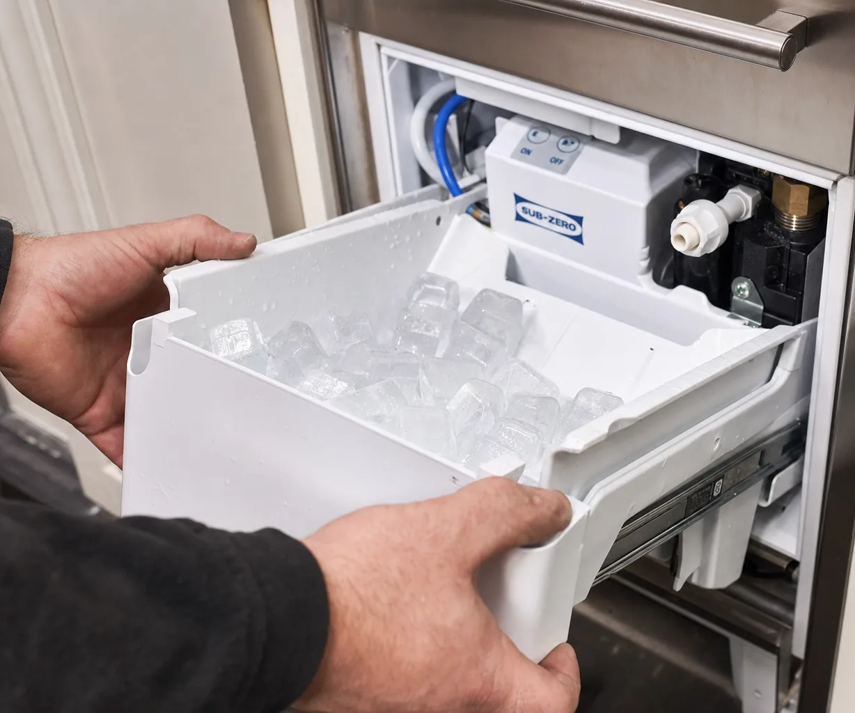 Technician servicing a built-in ice maker in a Bedford kitchen
