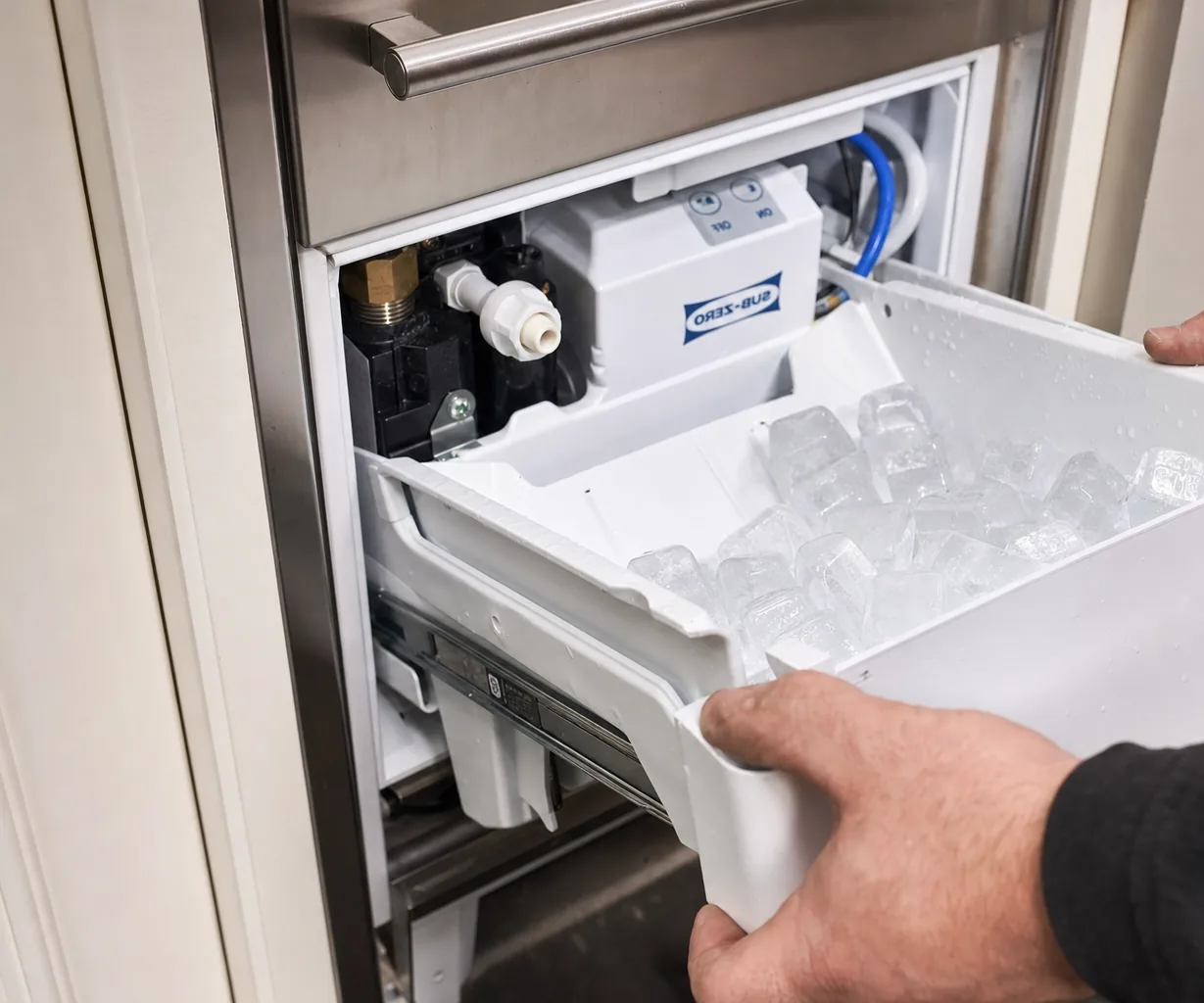 Technician servicing a built-in ice maker mid-repair