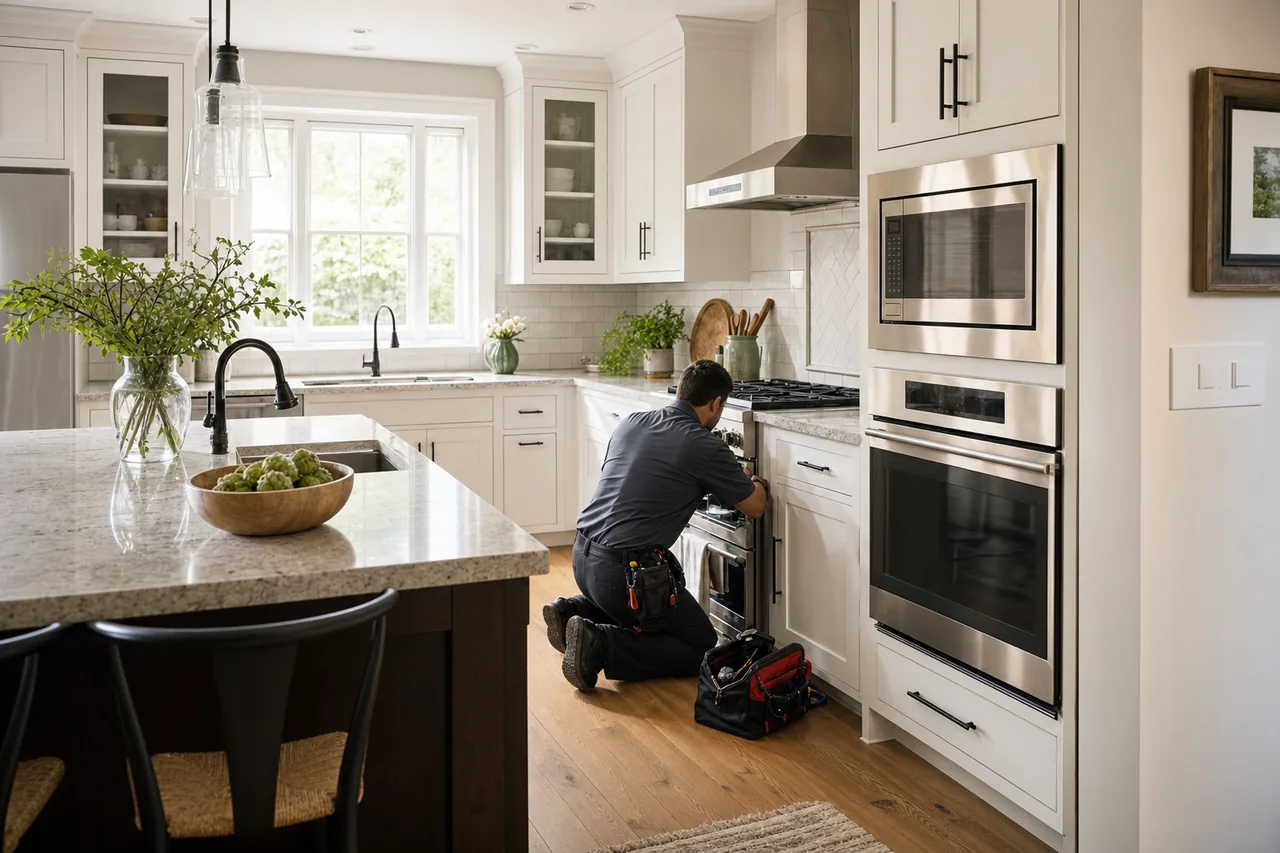 A luxury kitchen with built-in stainless appliances in a Bedford kitchen