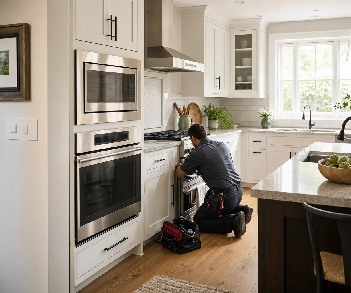 A luxury kitchen with built-in stainless appliances up close