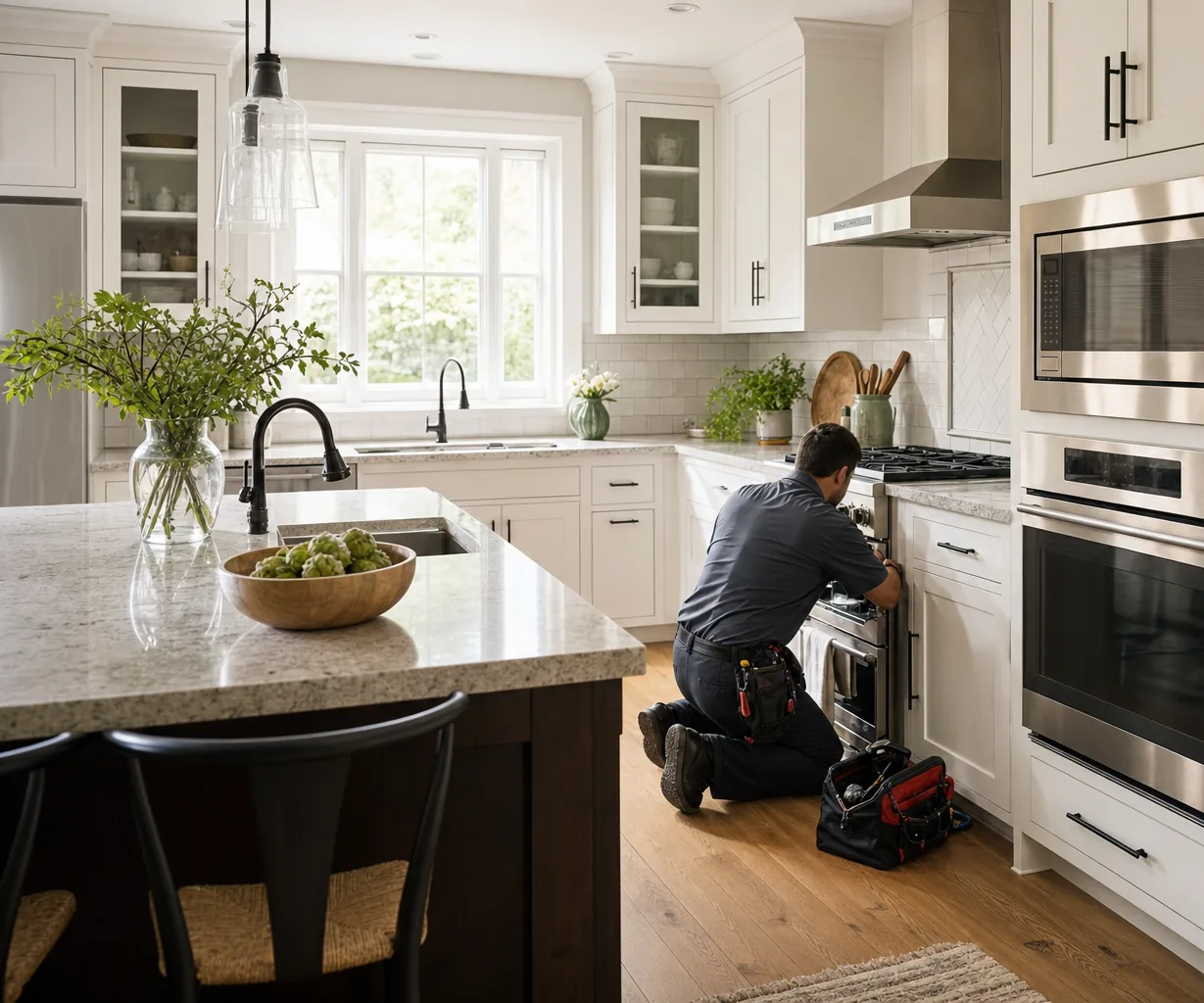 A luxury kitchen with built-in stainless appliances on a same-day visit