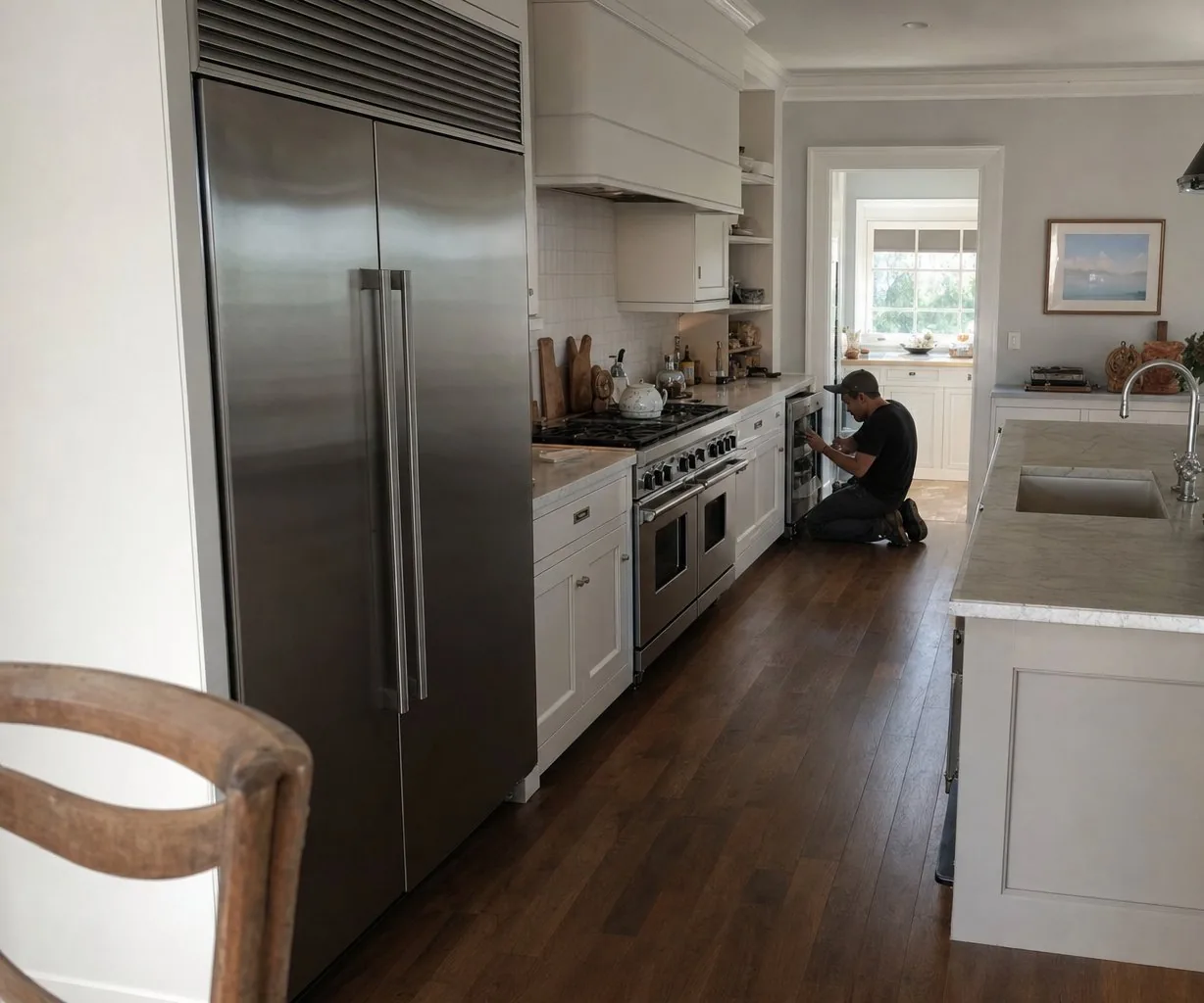 A luxury Bedford kitchen with built-in Sub-Zero and Wolf appliances in a Bedford kitchen