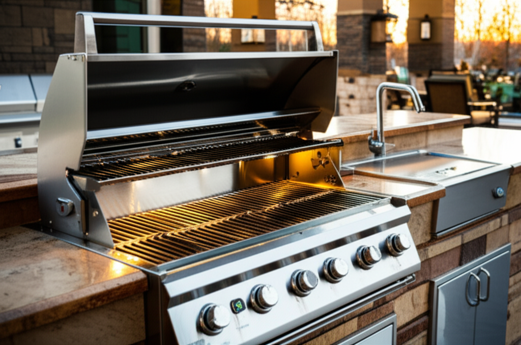 Built-in outdoor grill in luxury outdoor kitchen