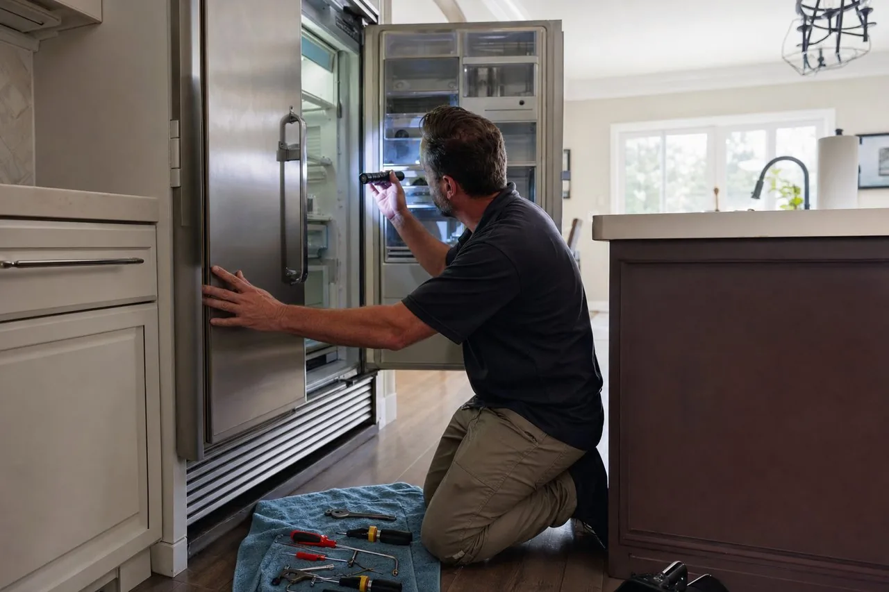 Technician repairing a built-in Sub-Zero refrigerator in a Bedford kitchen