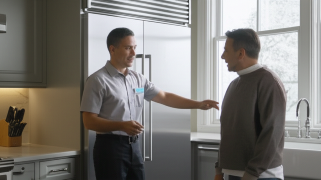 Technician consulting with Bedford homeowner about appliance repair options