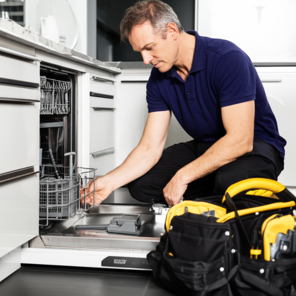 Technician servicing premium dishwasher spray arms and pump