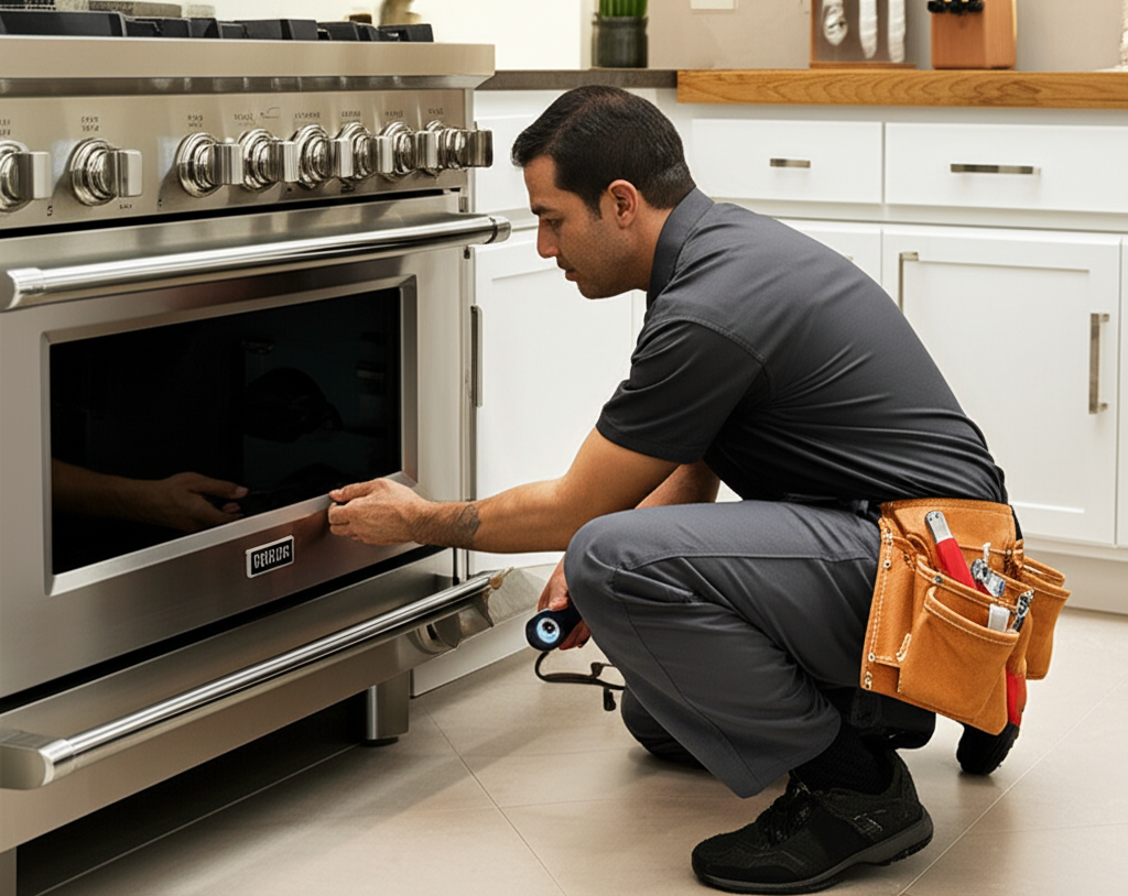 Expert technician repairing Wolf professional range