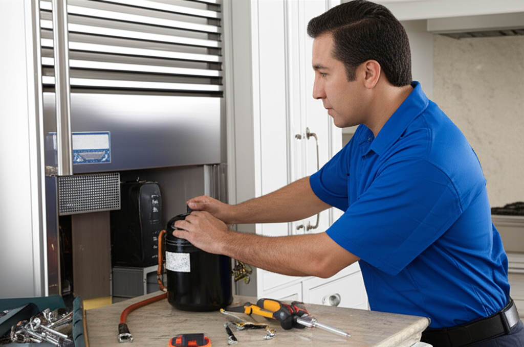 Expert technician servicing Sub-Zero refrigerator