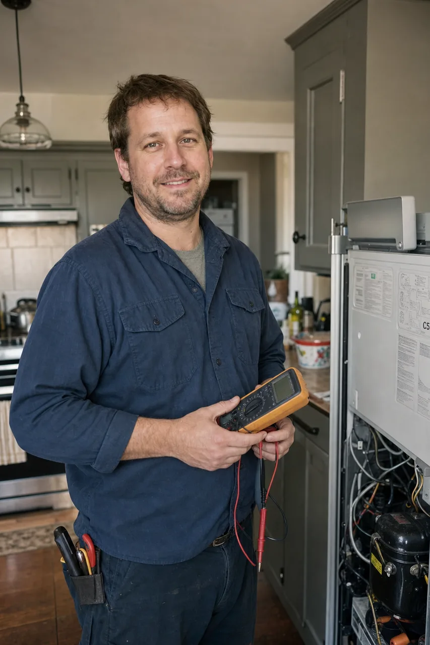 An appliance repair technician in a Bedford kitchen holding a multimeter