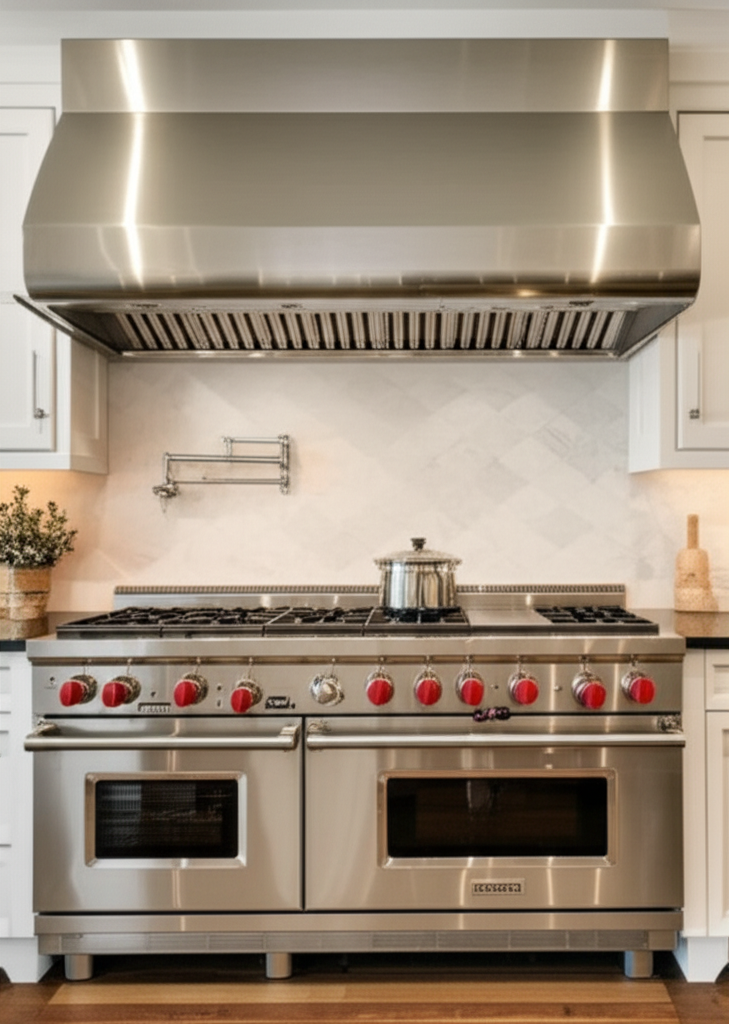 Professional range hood over Wolf range