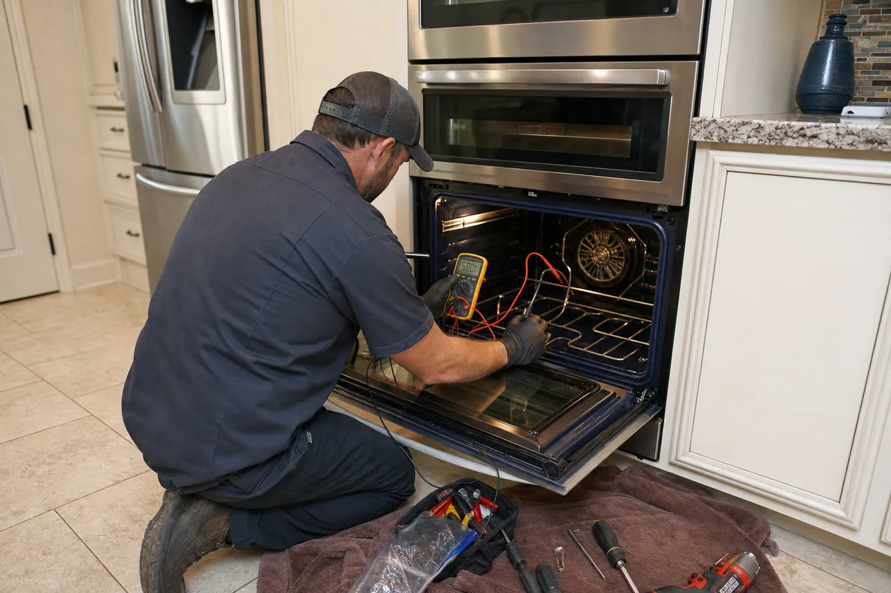 Technician servicing a built-in wall oven in a Bedford kitchen